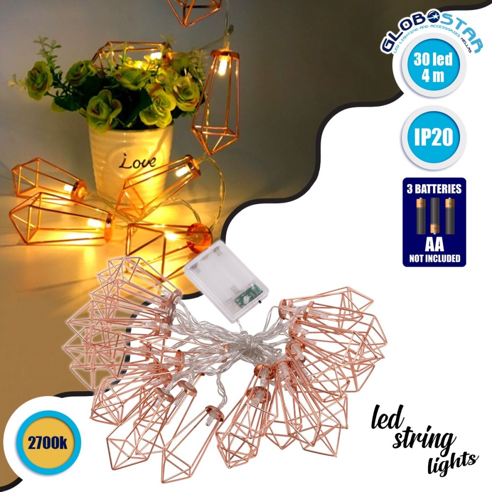 79805 Διακοσμητική Γιρλάντα Bronze Cone 4 Μέτρα με Διακόπτη On-Off - 30 LED 3W με Μπαταρίες 3xAA & Διάφανο Καλώδιο IP20 Θερμό Λευκό 2700K Μ4m